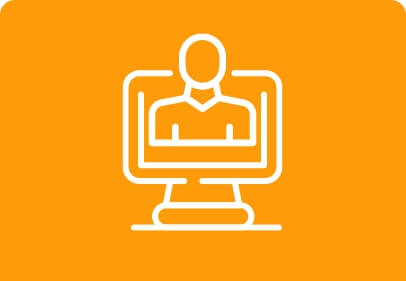 Orange and White Icon of computer with figure of person on the screen.
