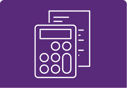 Purple and white icon of a paper bill on the bottom and a calculator on the top.